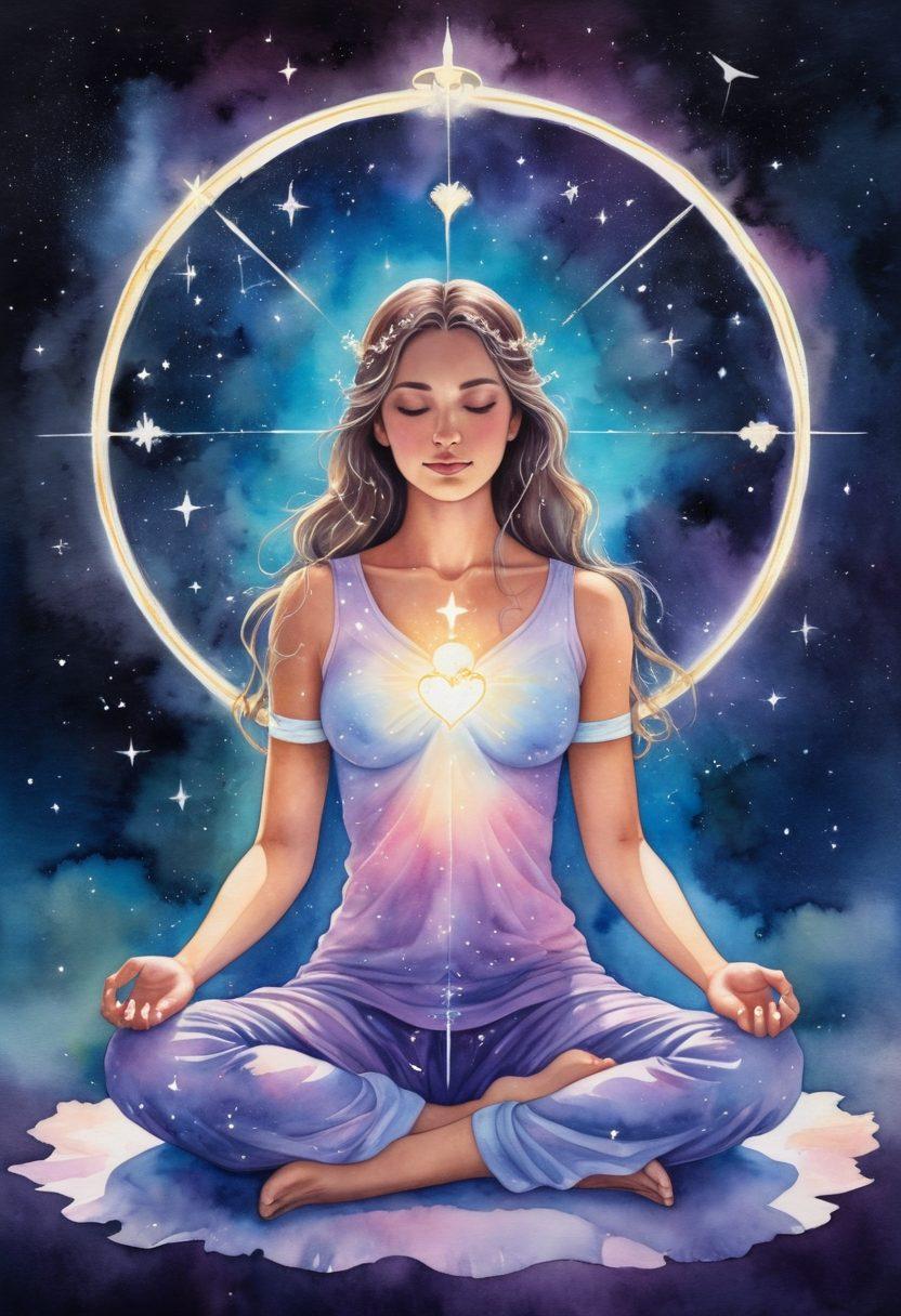 An ethereal night sky filled with shimmering zodiac constellations intertwined with heart shapes, glowing with cosmic energy. Below, a serene figure sitting cross-legged, meditating, surrounded by a halo of light and symbols of karmic connections. Soft, flowing colors merging like a dreamy watercolor. The setting conveys tranquility and cosmic alignment. dreamy watercolor. vibrant colors.