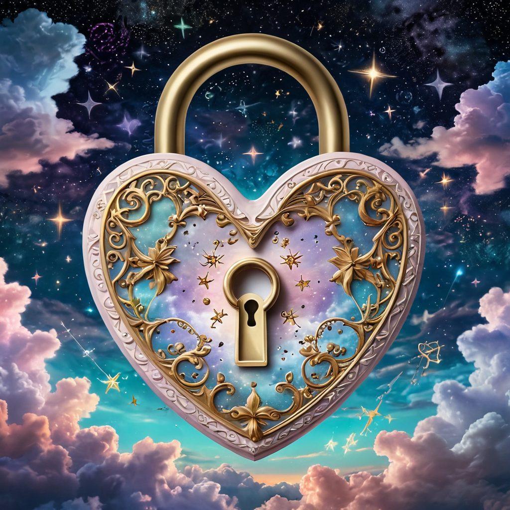 A mystical key unlocking an ornate heart-shaped lock, surrounded by celestial elements like stars and constellations symbolizing romance and compatibility. Soft pastel colors illuminate the scene, creating a dreamy atmosphere. In the background, subtle illustrations of zodiac signs weave through clouds, hinting at destiny insights. super-realistic. vibrant colors.