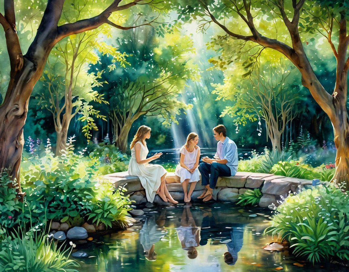 A serene couple sitting together in a lush, tranquil garden, deep in conversation, with gentle sunlight filtering through the trees. Surrounding them are symbolic keys floating in the air, representing unlocking emotional barriers, while an ethereal glow hints at spiritual connections. A peaceful stream flows nearby, adding to the calming atmosphere. watercolor painting. soft pastels. dreamy ambiance.